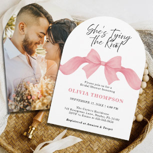 Pink Bow She's Tying the Knot Photo Bridal Shower Invitation