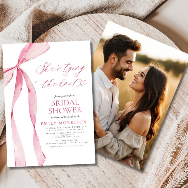 Pink Bow She's Tying the Knot Photo Bridal Shower Invitation (Creator Uploaded)