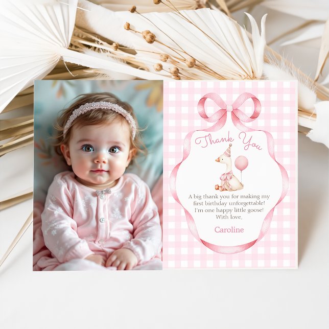 Pink Bow Silly Goose 1st Birthday Photo Thank You Card (Creator Uploaded)