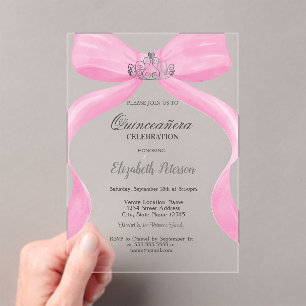 Pink Bow Silver Crown Quinceañera Acrylic Invitations
