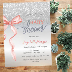 Pink Bow Silver Glitter Bokeh Baby Shower Invitation