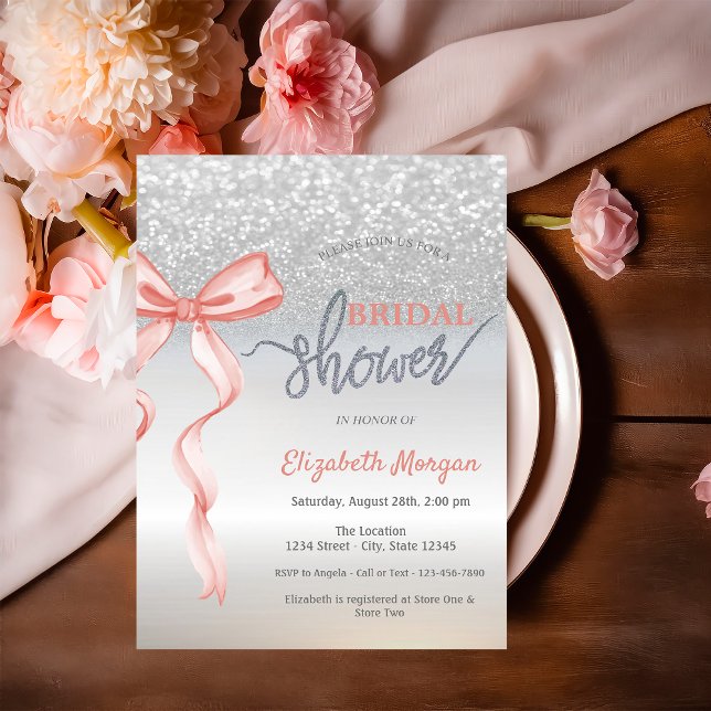 Pink Bow Silver Glitter Bokeh Bridal Shower Invitation (Creator Uploaded)