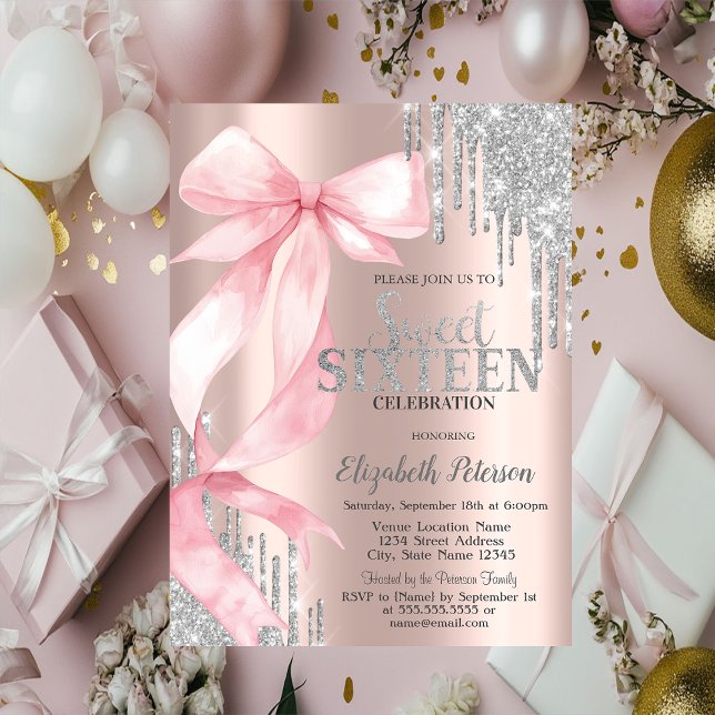 Pink Bow Silver Glitter Drips Rose Gold Sweet 16 Invitation (Creator Uploaded)