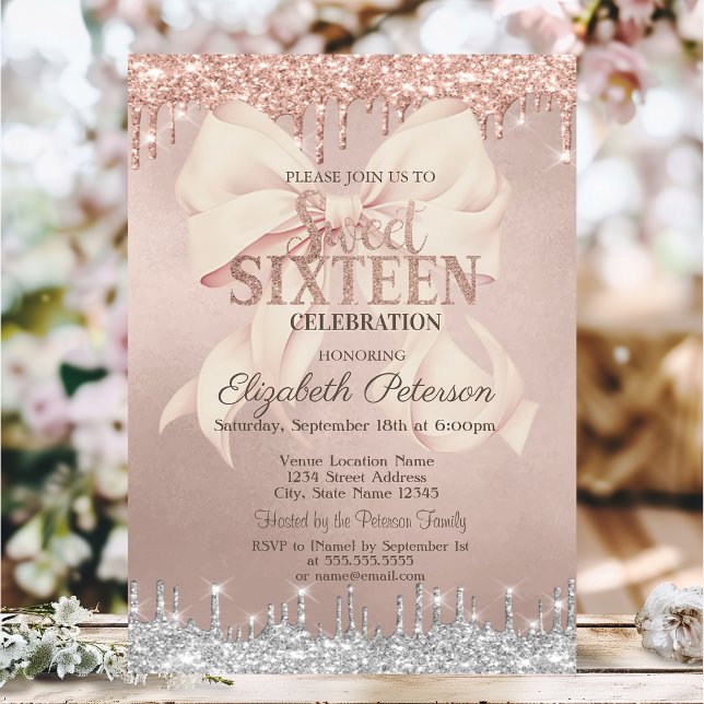 Pink Bow Silver Glitter Drips Rose Gold  Sweet 16 Invitation (Creator Uploaded)