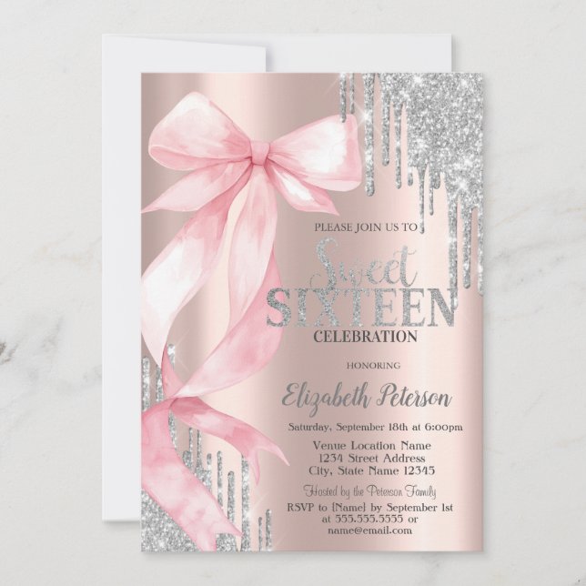 Pink Bow Silver Glitter Drips Rose Gold Sweet 16 Invitation (Front)