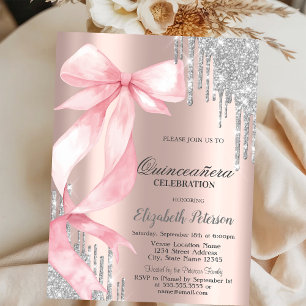 Pink Bow Silver Glitter Drips Rose GoldQuinceañera Invitation