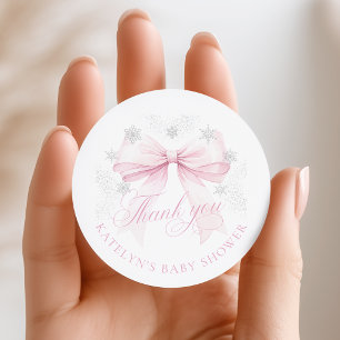 Pink Bow Silver Snowflake Baby Shower Stickers