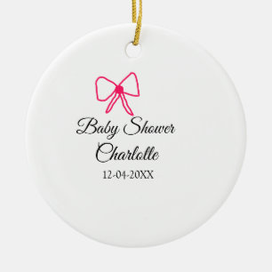 PINK BOW SIMPLE BABY SHOWER ADD NAME DATE MINIMAL CERAMIC TREE DECORATION