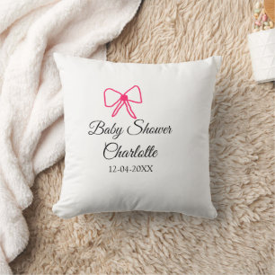 PINK BOW SIMPLE BABY SHOWER ADD NAME DATE MINIMAL CUSHION