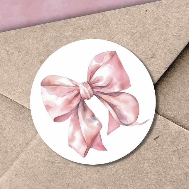 Pink Bow Simple Bridal Or Baby Shower Classic Round Sticker (Pink Bow Simple Bridal Or Baby Shower Classic Round Sticker)