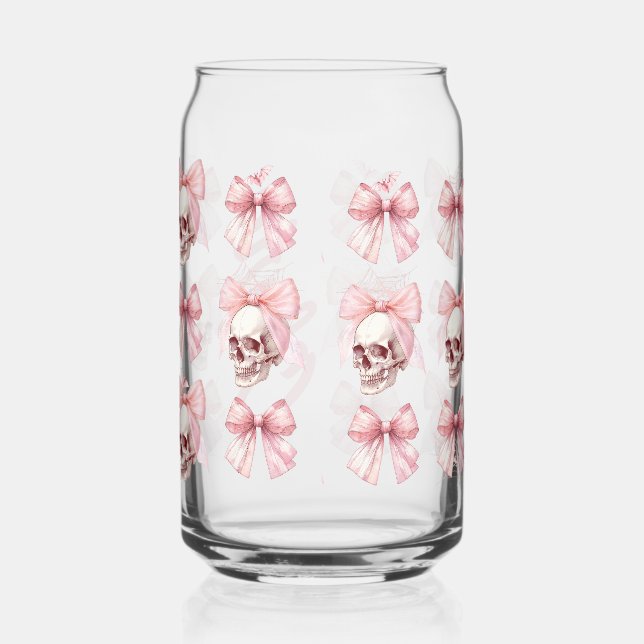 Pink Bow Skull Halloween Glass Can Drinkware (Right)