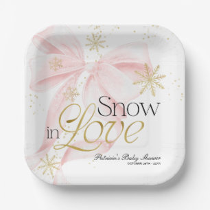 Pink Bow Snow in Love Personalised Baby Shower Paper Plate