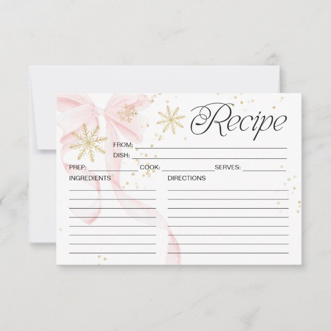 Pink Bow Snowflake Double-Sided Recipe Card (Front)