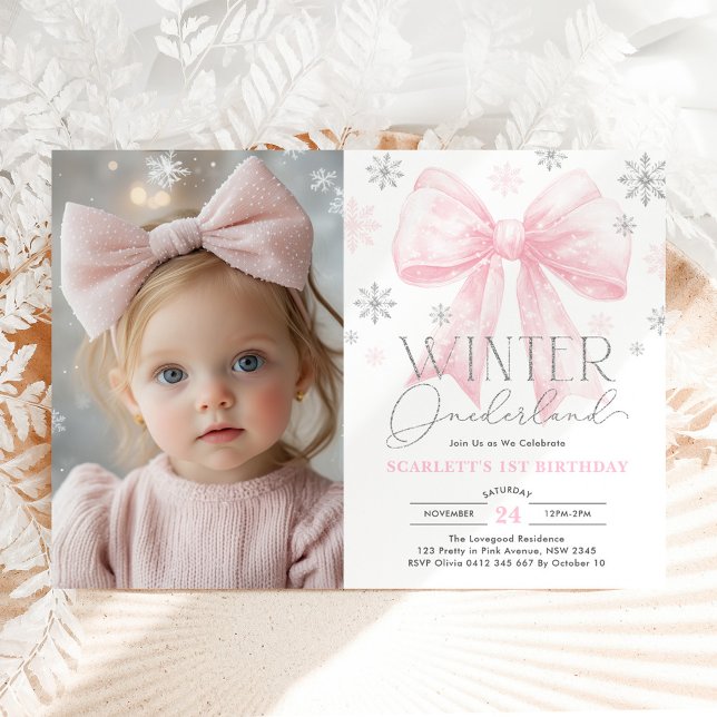 Pink Bow Snowflake Winter Onederland 1st Birthday Invitation (Creator Uploaded)