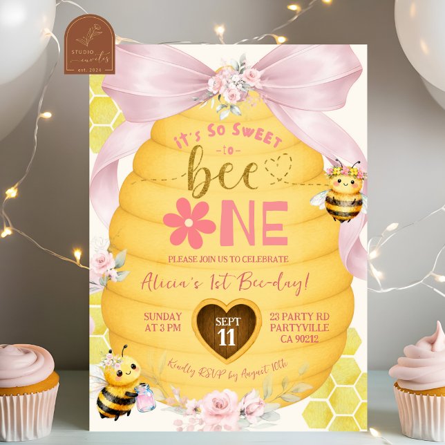 Pink Bow So sweet to Bee one first Birthday Invitation (Creator Uploaded)