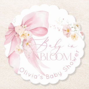 Pink Bow Spring wildflowers Baby in Bloom Paper Coaster