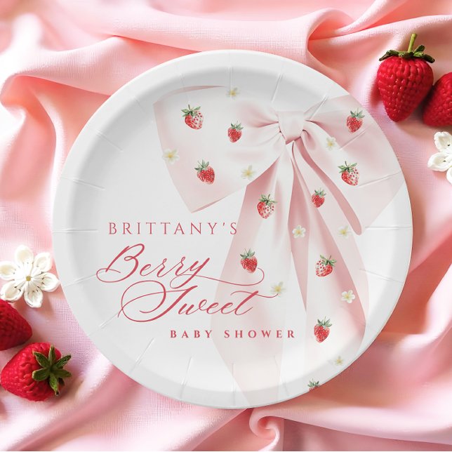 Pink Bow Strawberries Baby Shower Paper Plate (Creator Uploaded)