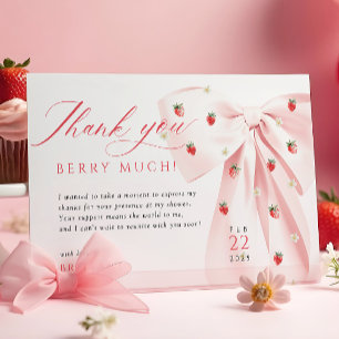 Pink Bow Strawberries Baby Shower Thank You Card