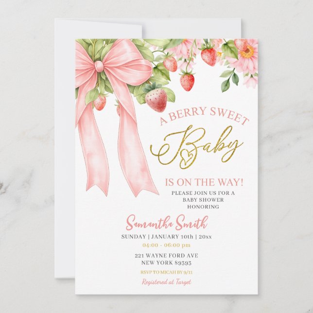 Pink Bow Strawberry Baby Shower Invitation (Front)