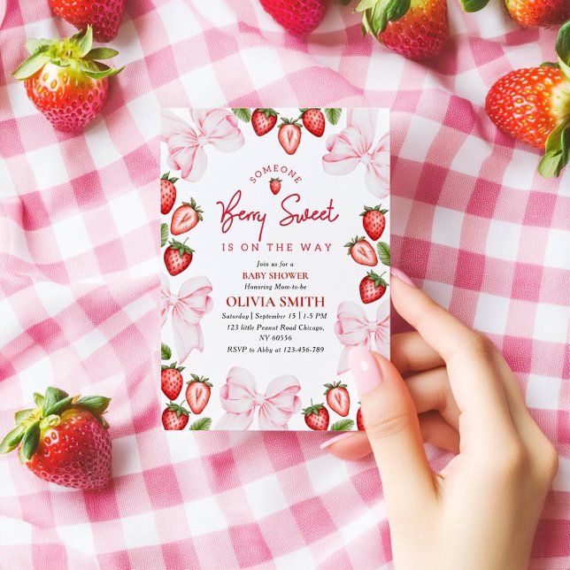 Pink Bow Strawberry Baby Shower Invitation Girl (Creator Uploaded)