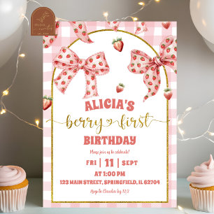 Pink Bow strawberry berry first birthday invitatio Invitation