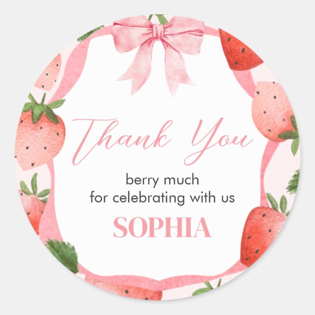 Pink Bow Strawberry Berry First Birthday Party Classic Round Sticker (Front)