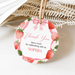Pink Bow Strawberry Berry First Birthday Round Favour Tags