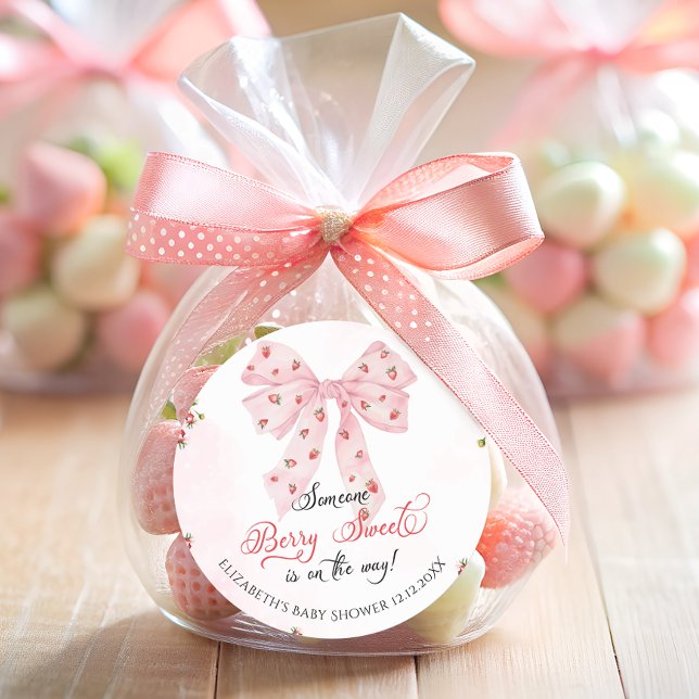 Pink Bow Strawberry Berry Sweet Baby Shower Classic Round Sticker (Creator Uploaded)