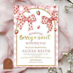 Pink Bow strawberry berry sweet baby shower invita Invitation