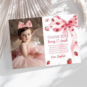 Pink Bow Strawberry Birthday Photo Thank You Card