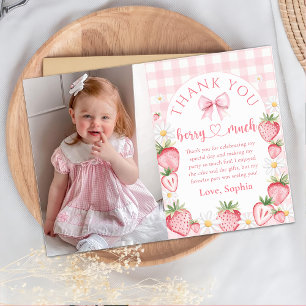 Pink Bow Strawberry Birthday Photo Thank You Card