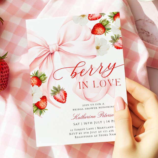 Pink Bow Strawberry Bridal Shower Invitation (Creator Uploaded)