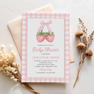 Pink Bow Strawberry Girl Baby Shower Invitation