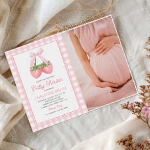 Pink Bow Strawberry Girl Baby Shower Photo Invitation