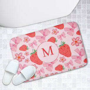 Pink Bow & Strawberry Girly Monogram Bath Mat