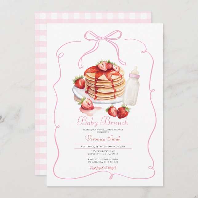 Pink Bow Strawberry Pancake Baby Brunch Invitation (Front/Back)