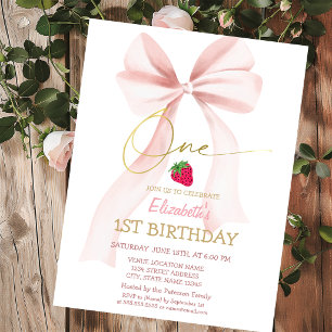  Pink Bow Strawberry Pink Striped 1st Birthday  Invitation
