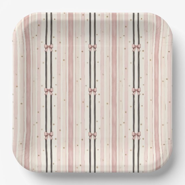 Pink Bow & Stripe Pattern Halloween Baby Shower Paper Plate (Front)