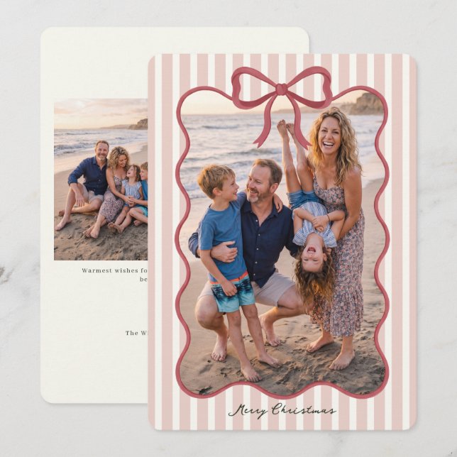 Pink Bow Striped Christmas Photo Card (Front/Back)