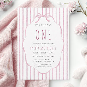 Pink Bow & Stripes Baby Girl 1st Birthday Party Invitation