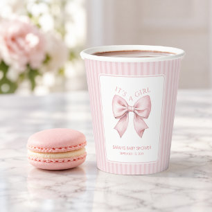 Pink Bow Stripes Coquette Baby Shower It's a Girl  Paper Cups