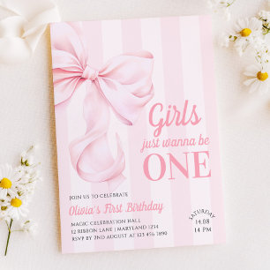 Pink Bow Stripes First Birthday Invitation