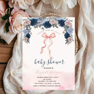 Pink Bow Stripes Flowers Baby Shower  Invitation