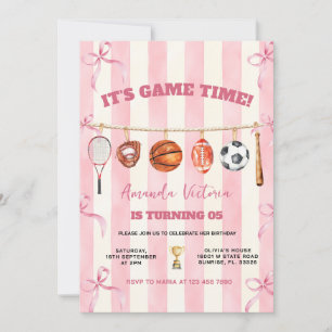 Pink Bow Stripes Girl Game Time Birthday Invitation