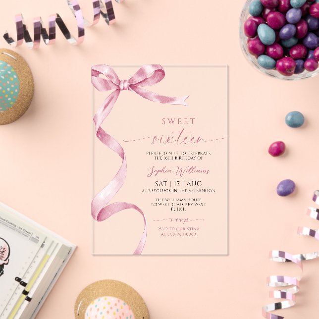 Pink Bow Sweet 16 Birthday  Acrylic Invitations (Insitu (Celebration))