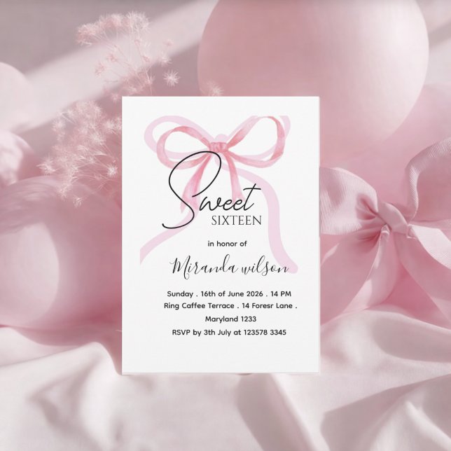 Pink Bow Sweet Sixteen Birthday Invitation (Creator Uploaded)