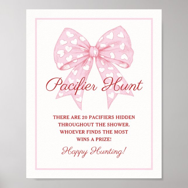 Pink Bow Sweetheart Baby Shower Pacifier Hunt Game Poster (Front)