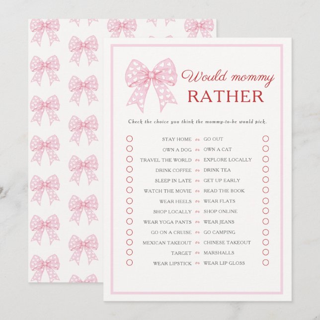 Pink Bow Sweetheart Baby Would Mummy Rather Game Advice Card (Front/Back)