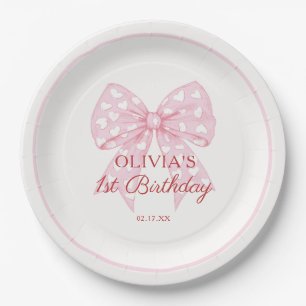 Pink Bow Sweetheart Girl 1st Birthday Party Paper Plate