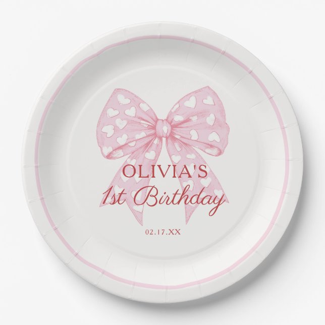 Pink Bow Sweetheart Girl 1st Birthday Party Paper Plate (Front)